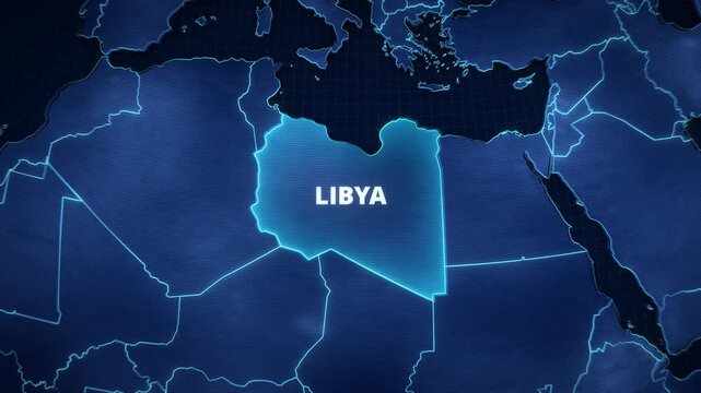 Digital map of Libya, North Africa, featuring a glowing cyan highlight, bold white text, and neon borders against a dark blue grid background, perfect for a widescreen educational presentation.
