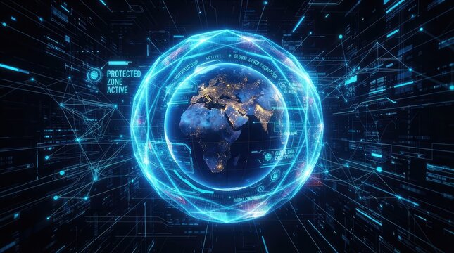 Holographic Earth with glowing digital network and futuristic data visualization overlay