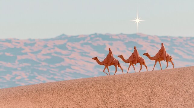 Three riders on camels traversing a golden sand dune ridge under a bright star, featuring a serene atmospheric haze for nativity and holiday themes