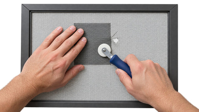 Hands Repairing Torn Window Screen with Mesh Patch