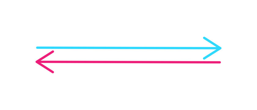 Two horizontal arrows pointing in opposite directions with one blue line arrow pointing right and one pink line arrow pointing left for a simple graphic design element set