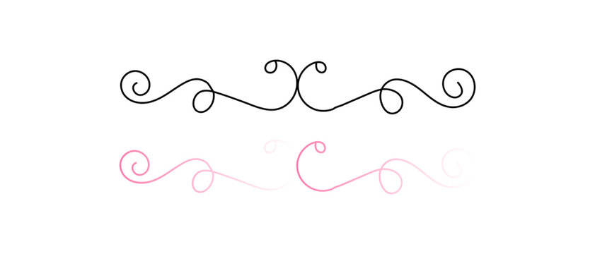 Elegant hand drawn flourish swirl dividers in black and pink colors for decorative text page breaks and wedding invitation card design elements for creative graphic projects