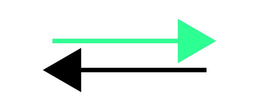 Two opposing arrows pointing in opposite directions representing a concept of exchange or comparison with one green arrow pointing right and one black arrow pointing left