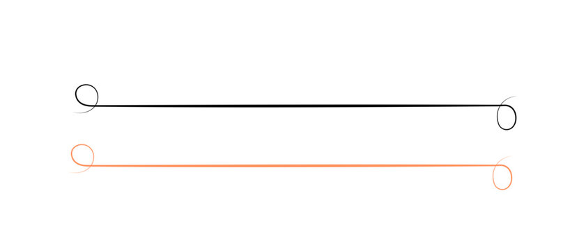 Two simple thin horizontal decorative lines with curled ends in black and orange colors for elegant text dividers and creative page separators in a minimalist graphic design style