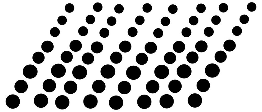 Black circles arranged in a geometric perspective grid pattern forming a simple repeating shape design for modern graphic projects and creative abstract artistic backgrounds