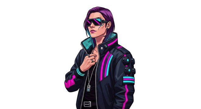 Futuristic Cyberpunk Woman with Purple Hair and Neon Accents