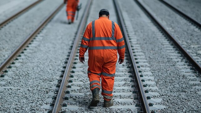Rail worker in orange hi-vis clothing walking away on a train track at night, atmospheric lighting and ballast texture for rail maintenance and safety