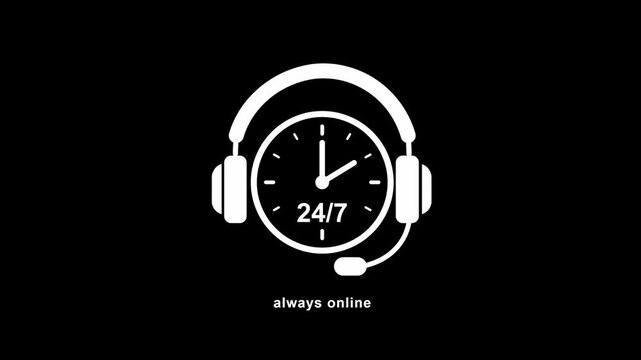 24 Hour Customer Support Headset Animation on Black Background