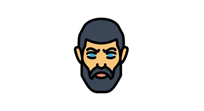 Stylized Flat Icon of a Bearded Man's Face with Intense Blue Eyes and Dark Hair