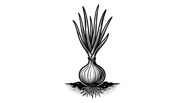 Whole onion bulb with green sprouts engraving.
