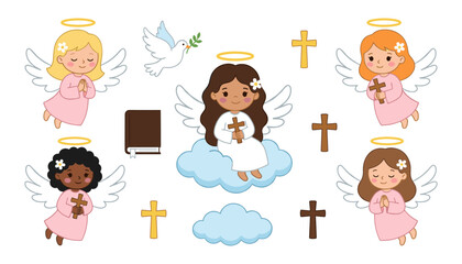 Fototapeta premium Cute Little Angel Girls Vector Element Set with Crosses Bible Dove and Clouds for Baptism Communion and Religious Holiday Graphic Designs