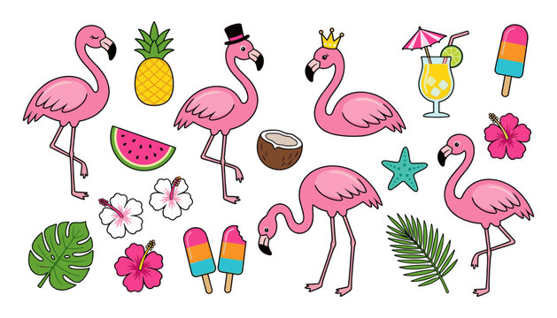 Tropical Pink Flamingo and Summer Beach Elements Vector Icon Set with Pineapple Watermelon Popsicles Hibiscus Flowers and Palm Leaves for Party Festive Designs