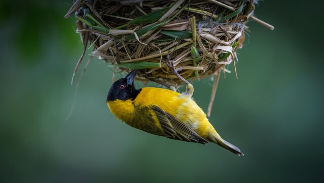 Yellow weaver bird building a nest hanging from a branch in nature