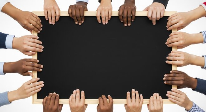 Diverse group joining hands around a black frame. Represents unity, teamwork, collaboration, and community support. Ideal for business presentations, nonprofits, and inclusive campaigns.