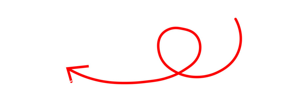 Hand drawn red arrow with a loop shape pointing to the left side as a simple graphic element for design projects and presentation highlights or emphasizing important text