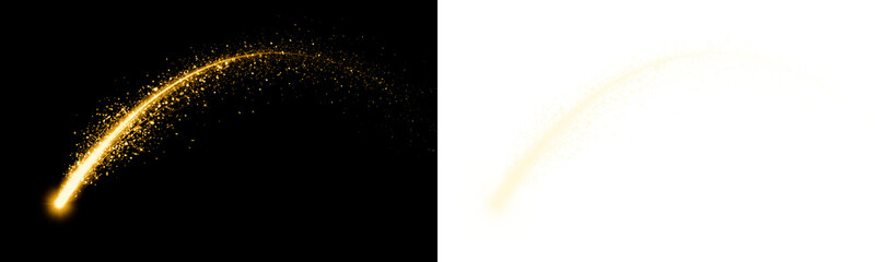 Golden magic glitter trail with particles, sparkling light effect, glowing stardust arc isolated on black background isolated on transparent background © MDABUL