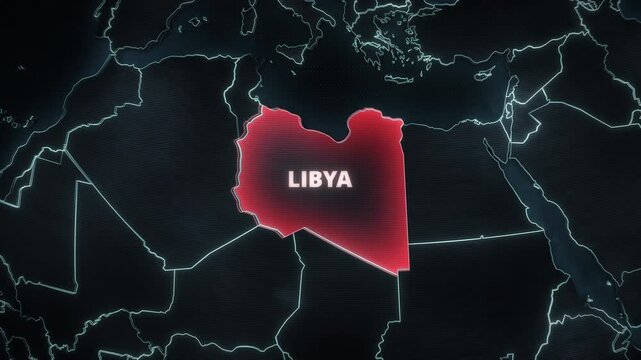 Digital map of Libya, North Africa featuring a glowing red geographic highlight and typography, ideal for a widescreen educational documentary or travel infographic presentation.
