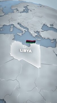 3D map animation highlighting Libya, North Africa, featuring a glowing border, national flag, and typography for a vertical educational short video.
