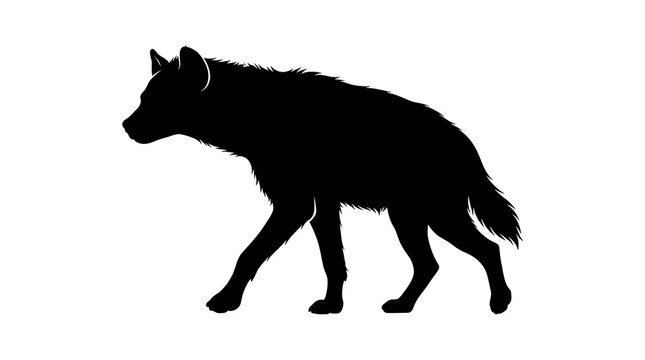 Black silhouette of a hyena walking on a plain white background with silhouette