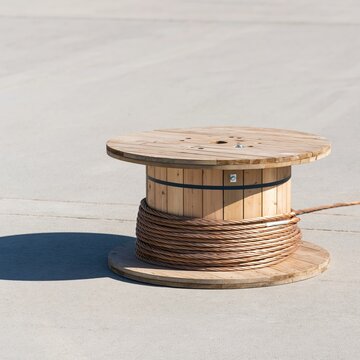 Reusable cable drum wound with thick conductor on a grey ground, featuring weathered timber and steel banding for logistics and industry