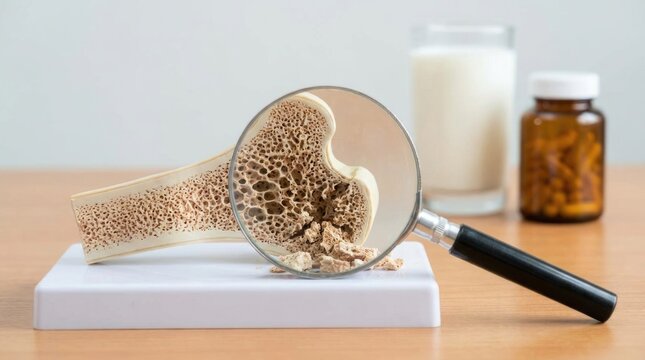 Human bone fragility: osteoporosis manifestation, weak skeletal, mineral loss, porous tissue, calcium supplement, vitamin nourish, medical research, health problem, inspect detail.