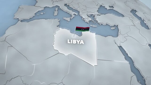 3D map animation highlighting Libya, North Africa, featuring a glowing border, national flag, and typography for a widescreen educational documentary.

