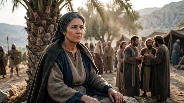 Biblical judge presence: Deborah woman, Israel leader, ancient prophetess, desert counsel, wise figure, old era, divine guidance, people gather.