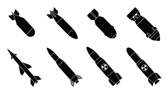 Set of black silhouette icons of missiles and bombs on a white background.