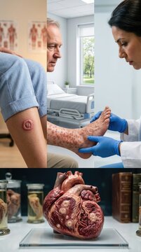 Syphilis infection progression: Treponema pallidum, primary chancre, secondary rash, tertiary gumma, heart lesion, doctor examine, clinical stage, diagnose pathology.