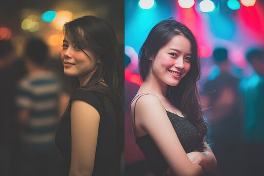 Two portraits of a young woman in a nightclub