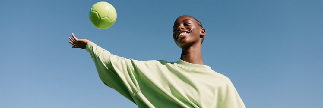 Smiling young man tossing a green soccer ball against clear blue sky background for banner and wallpaper design