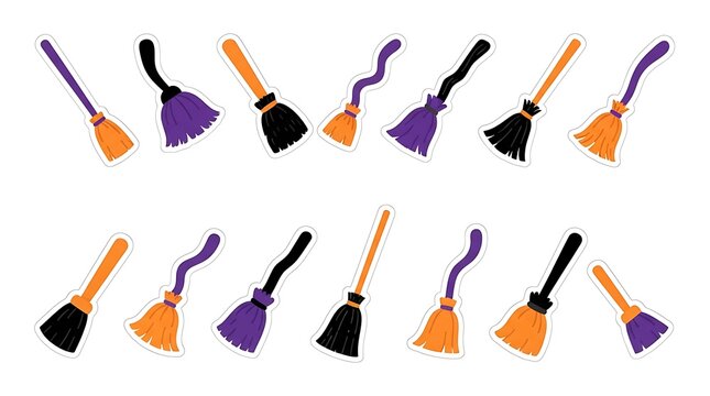 Set of colorful halloween witch broomsticks in orange purple and black isolated on a white background