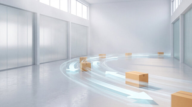 Glowing Automated Warehouse Route Carrying Cardboard Parcel