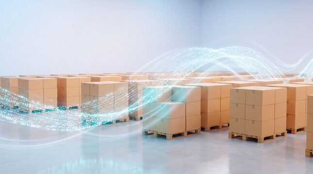 Flowing Digital Supply Chain Waves Surrounding Palletized Cargo