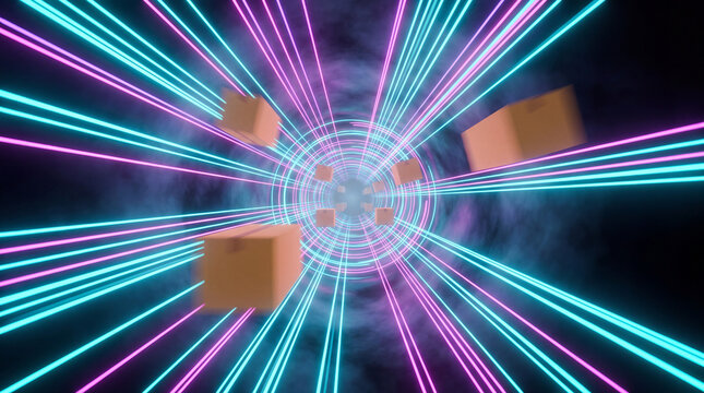 Cardboard Parcel Racing Through a Neon Data Transport Tunnel