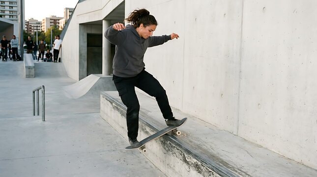 Young woman performing a trick on a skateboard at a modern urban skatepark