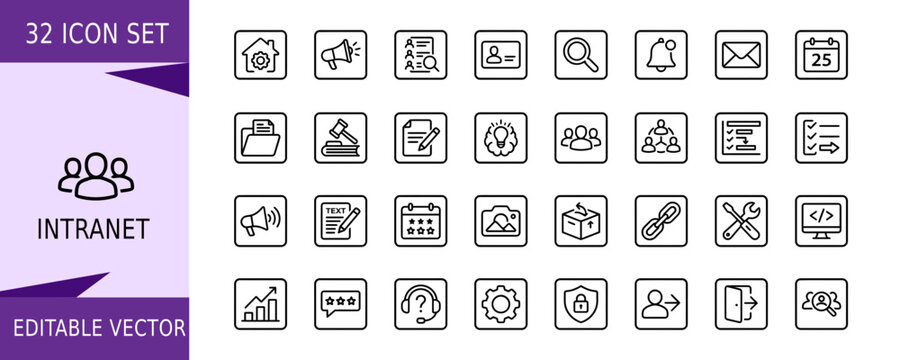 A collection of thirty two professional line art icons for intranet and business management web design presented in a clean vector format