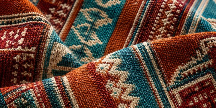 Woven patterned textile in warm earth tones with selective focus and soft lighting