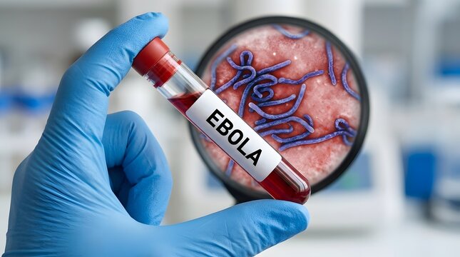  Laboratory gloved hand holding Ebola virus blood sample tube for infectious disease research