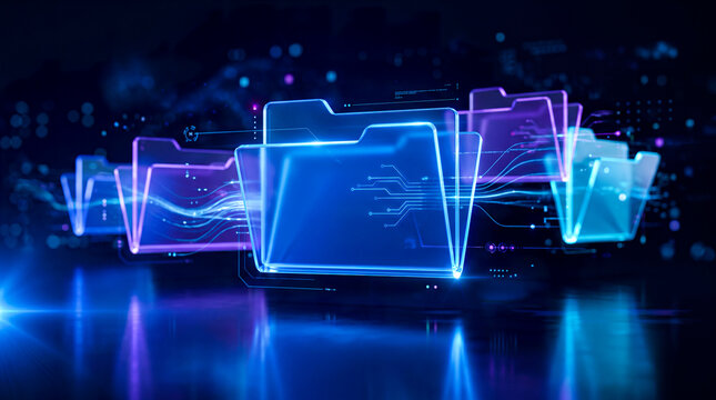 Glowing digital folders arranged in a row with neon blue and purple light circuits, concept of data organization and cloud storage systems.