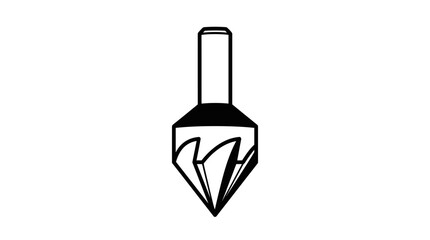 Obraz premium Black and white line drawing of a conical countersink drill bit with multiple cutting flutes for woodworking or metalworking applications.