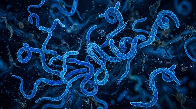 Blue microscopic worms and parasites creating an abstract biological research background
