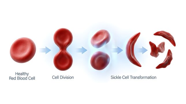 Red blood cell transformation and division stages in an educational medical biology illustration
