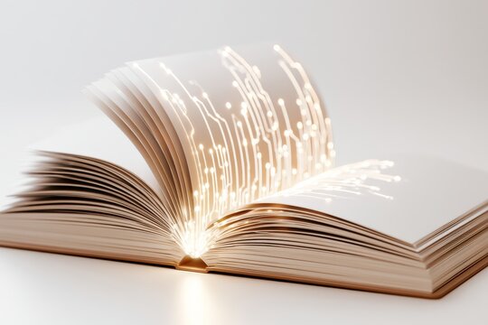 Open book with bright lights coming from the pages during a creative art session in a studio
