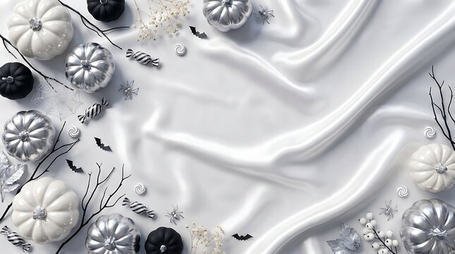 Elegant monochrome flat lay featuring decorative white pumpkins and silvery accents on silk fabric