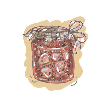 Cozy hand drawn fruit jam glass jars illustration. Cute cartoon style sweet berry jelly, organic marmalade and autumn harvest preserves isolated on white background.