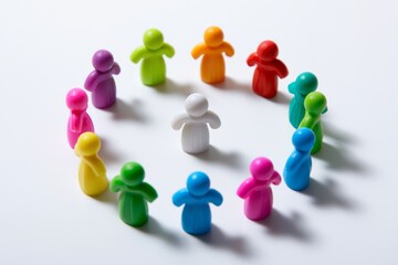 Fototapeta premium Colorful figures arranged in a circle with one figure in the center on a white surface