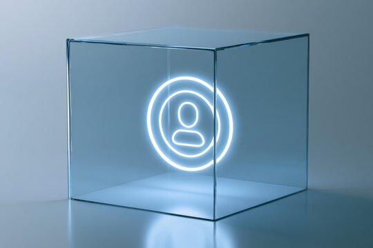 Glowing icon inside a glass box sitting on a flat surface in a bright room