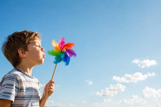 Boy Blowing a Colorful Pinwheel