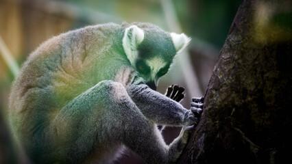 Naklejka premium Ring tailed lemur climbing a tree in a lush forest. Wildlife behavior and arboreal adaptation concept for nature education and conservation content.